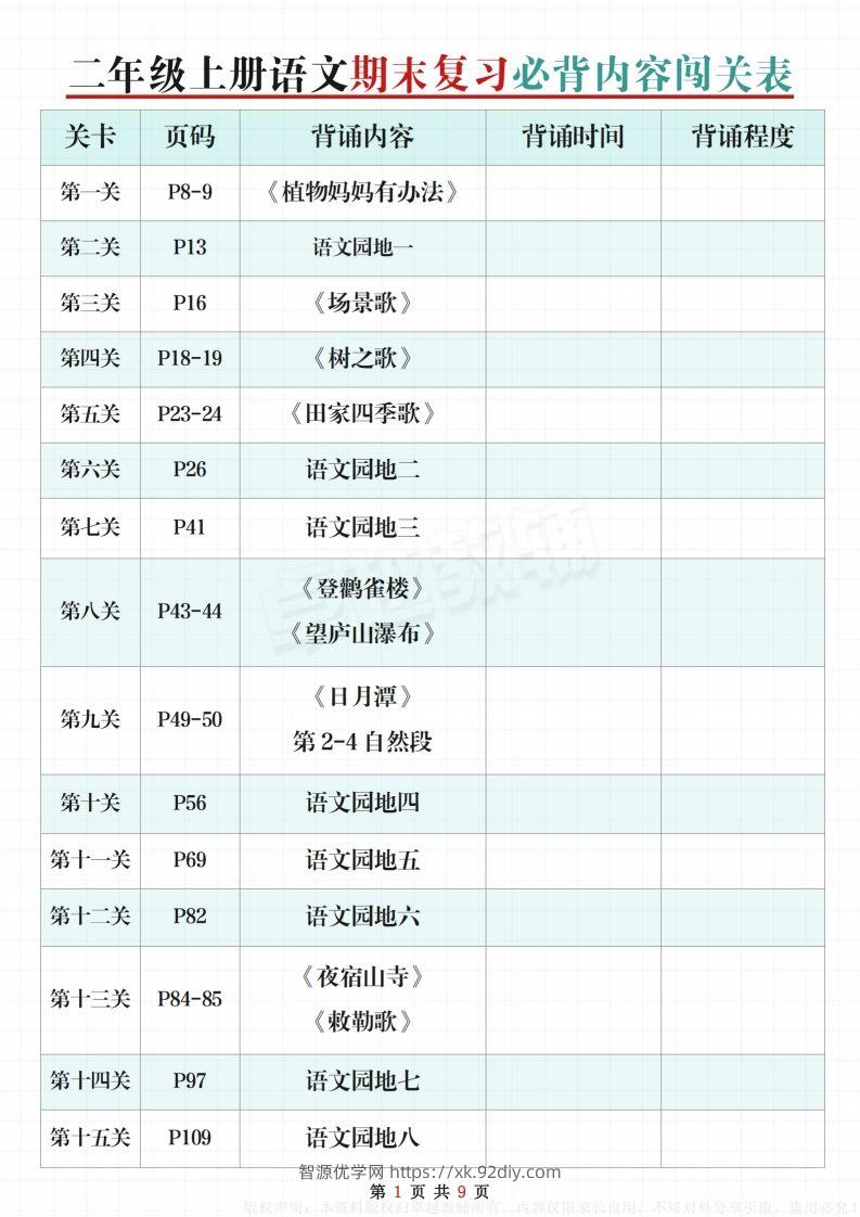 【期末复习必背内容闯关表】二上语文-智源优学网