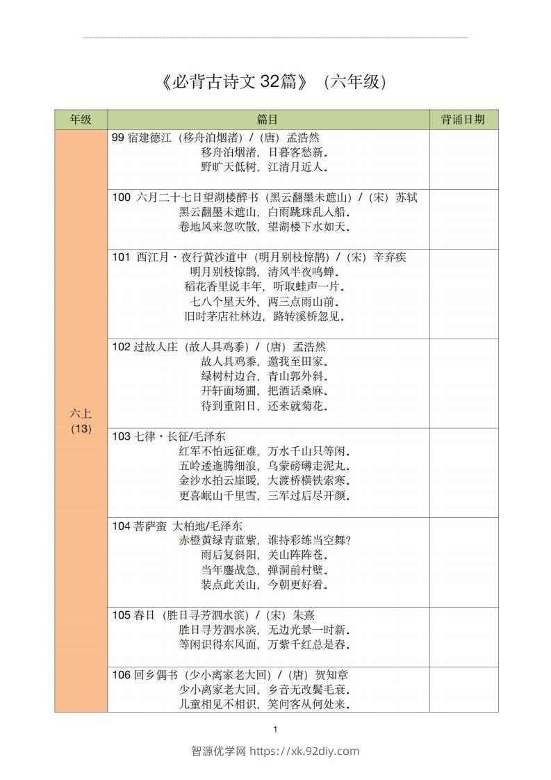 【古诗文背诵记录表】六年级语文-智源优学网