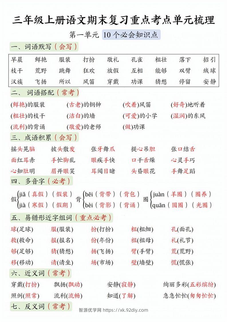【期末复习1-8单元重点考点单元梳理】三上语文-智源优学网
