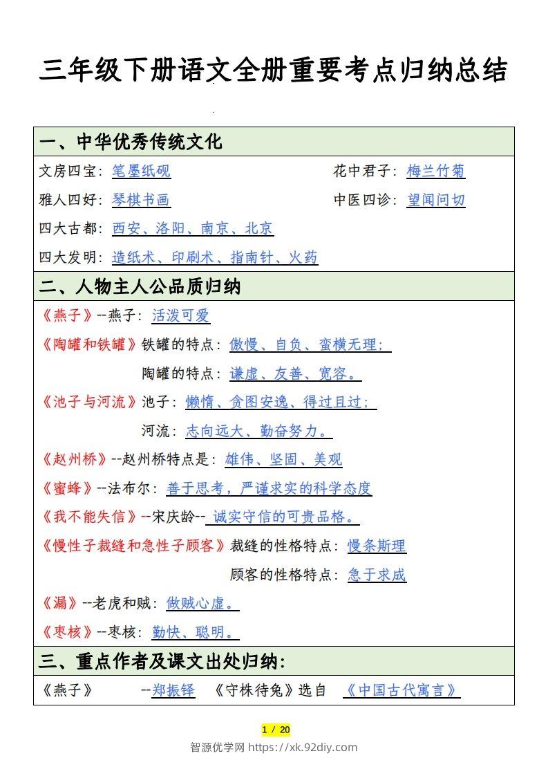 三下语文全册重要考点归纳总结-智源优学网