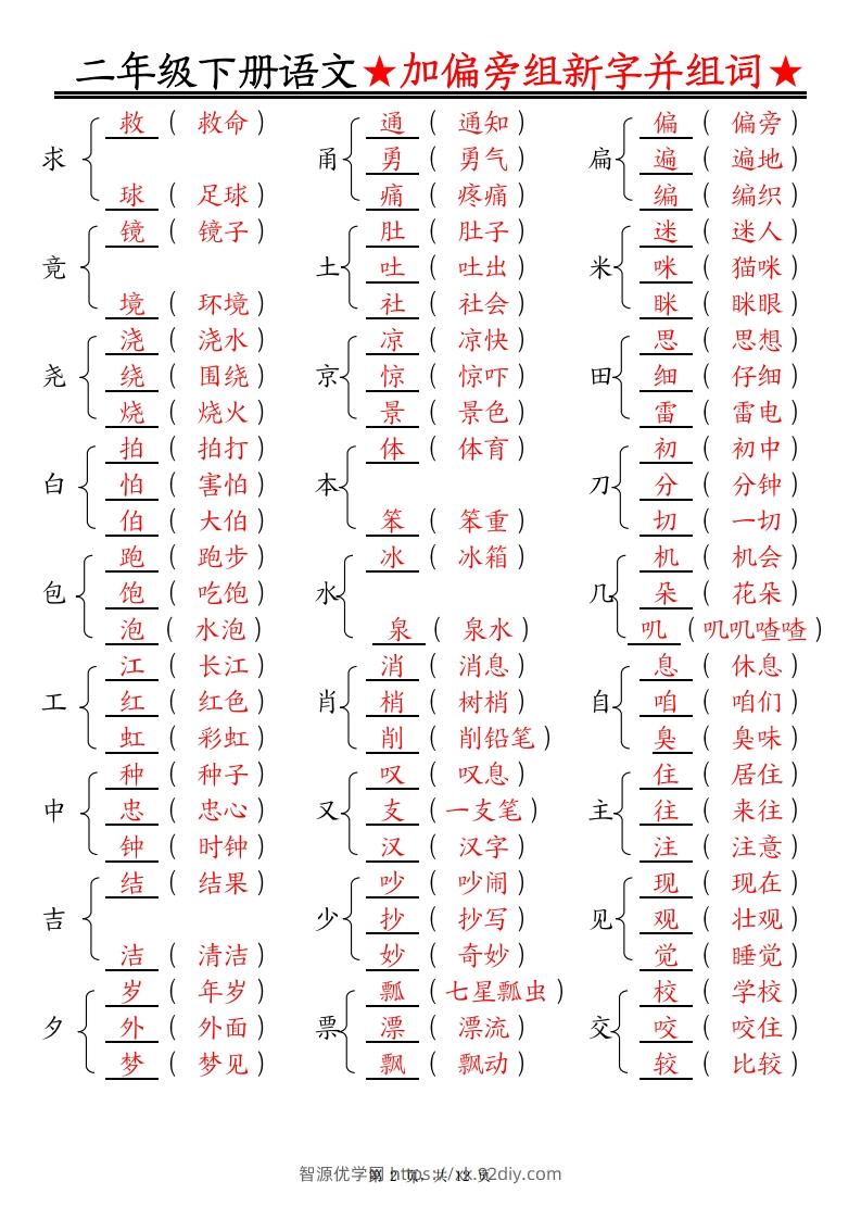 图片[2]-二下语文【加偏旁部首组新字并组词】专项练习（含答案12页）-智源优学网