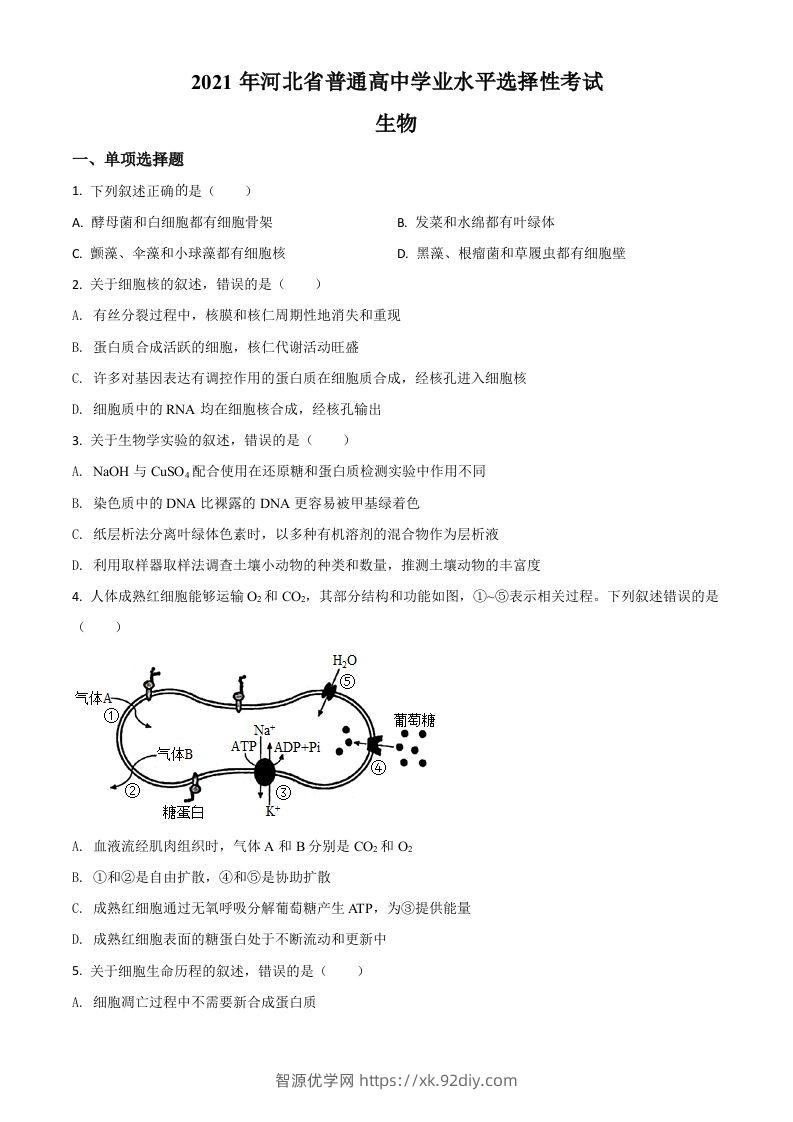 2021年高考生物试卷（河北）（空白卷）-智源优学网