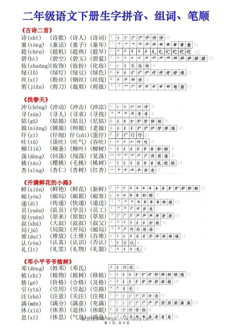 二下语文【课课贴】生字拼音组词笔顺）8页-智源优学网