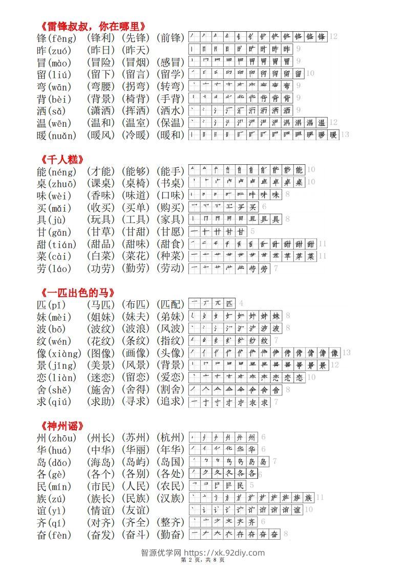 图片[2]-二下语文【课课贴】生字拼音组词笔顺）8页-智源优学网