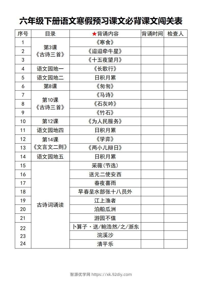 六年级【语文寒假预习】课文必背课文闯关表7页-智源优学网