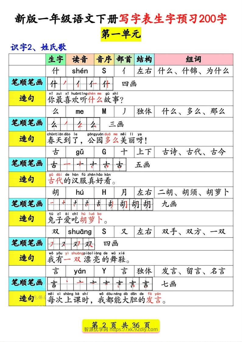 图片[2]-【预习】新版一年级语文下册写字表生字预习200字-智源优学网