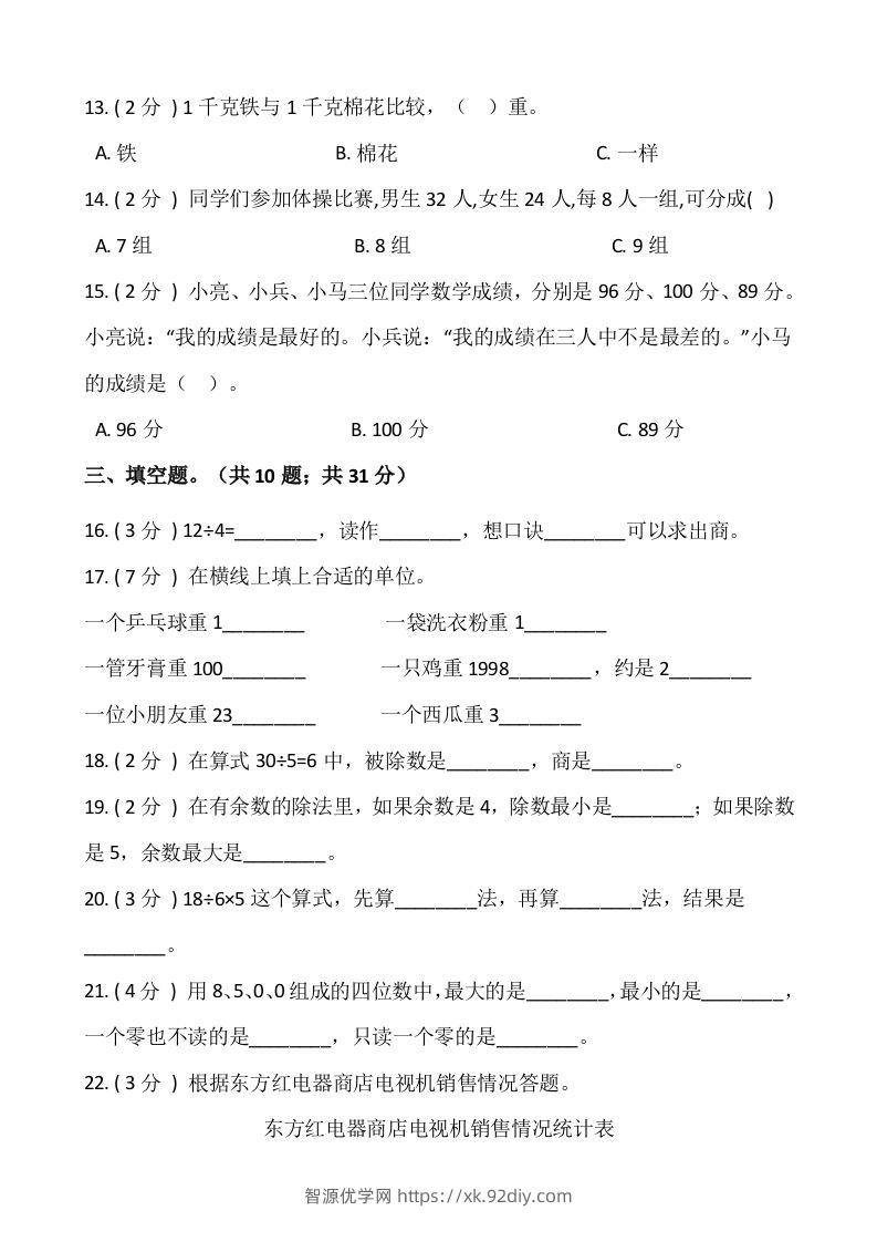 图片[2]-【期末】人教版二年级数学下册期末冲刺卷（十）（含答案）-智源优学网