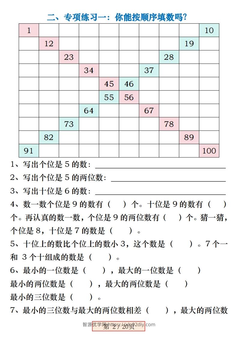 图片[2]-一下数学《百数表》易错专项练习强化训练（含答案20页）-智源优学网