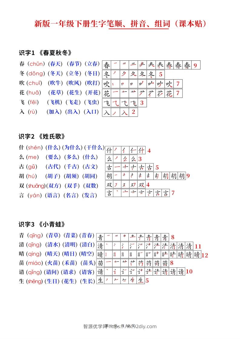 新版一下语文生字笔顺拼音组词（课课贴课本贴）10页-智源优学网