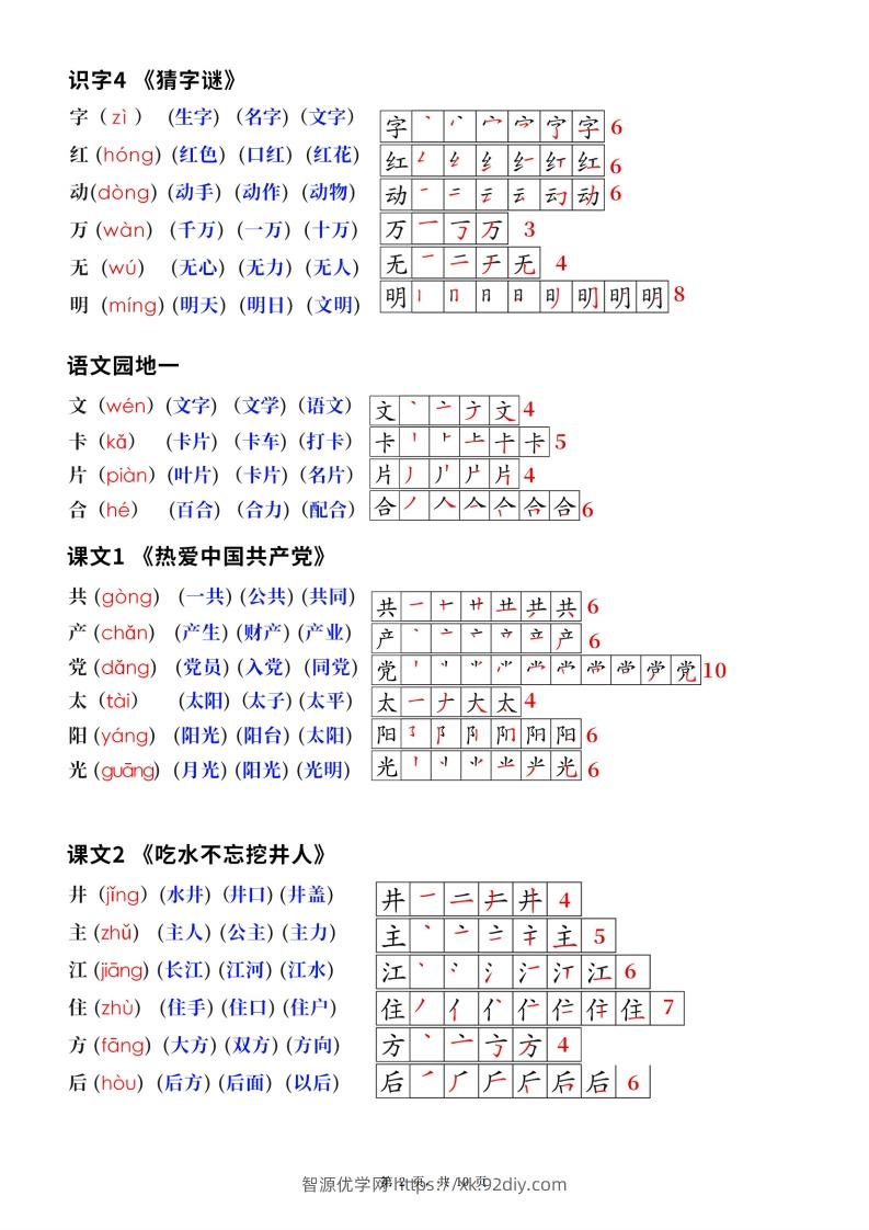 图片[2]-新版一下语文生字笔顺拼音组词（课课贴课本贴）10页-智源优学网