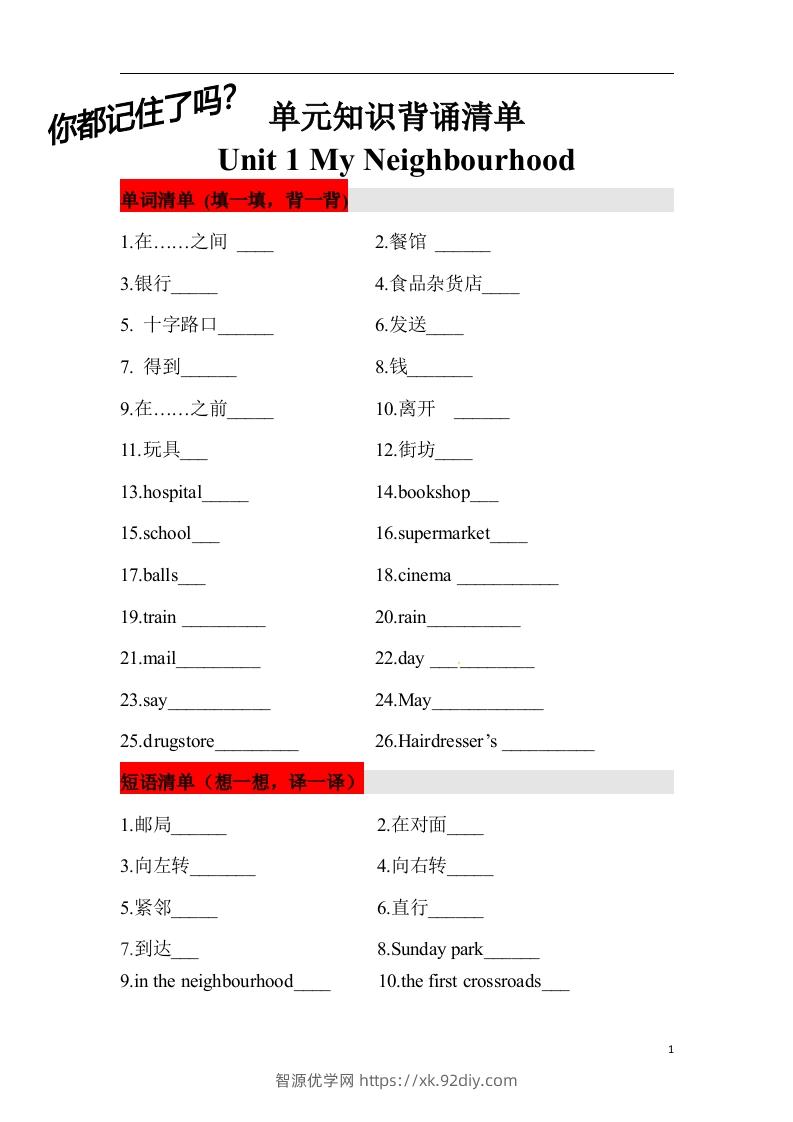 ❤四年级英语下册单元知识背诵清单Unit1MyNeighbourhood人教新起点（含答案）-智源优学网
