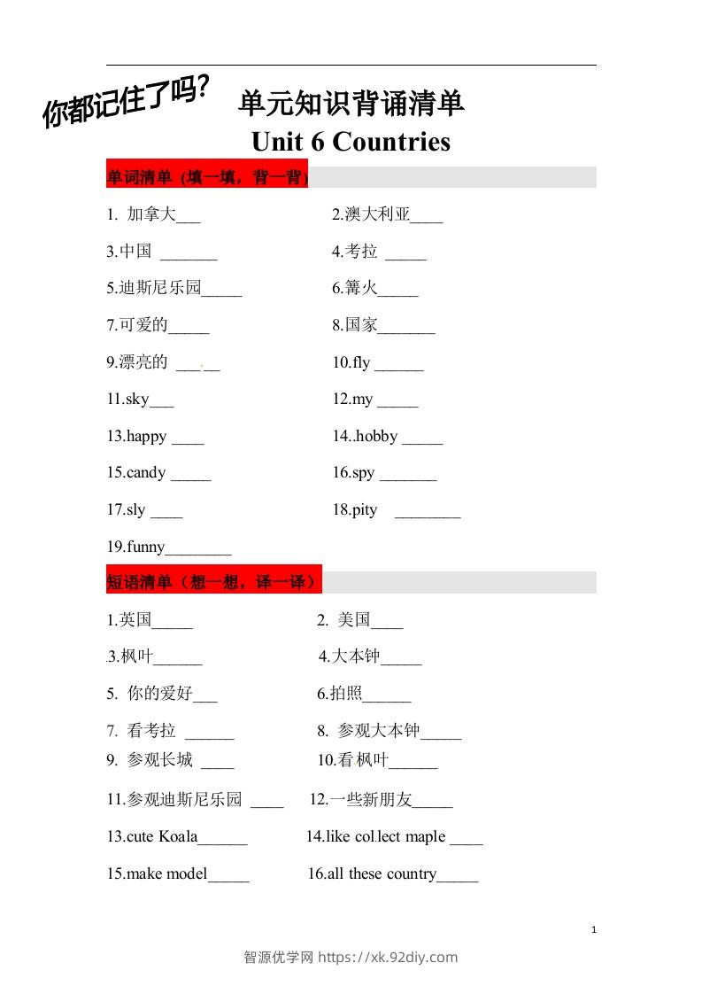 ❤四年级英语下册单元知识背诵清单Unit6Countries人教新起点（含答案）-智源优学网