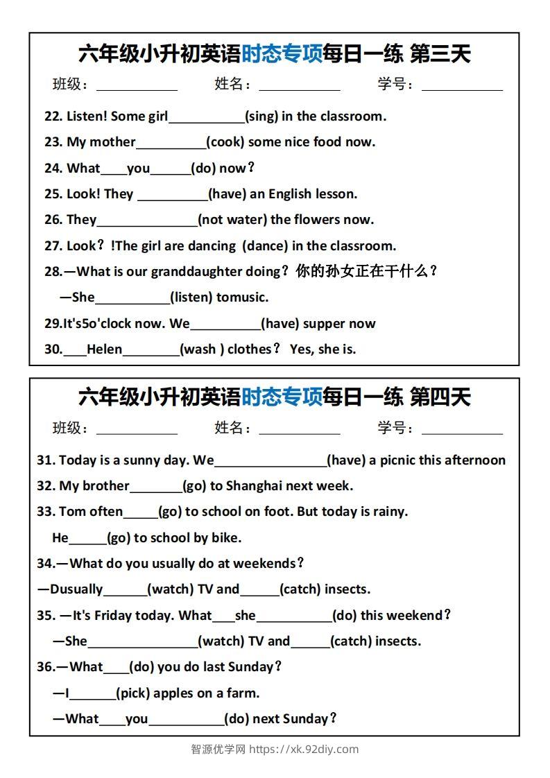 图片[2]-小升初英语时态专项每日一练-智源优学网