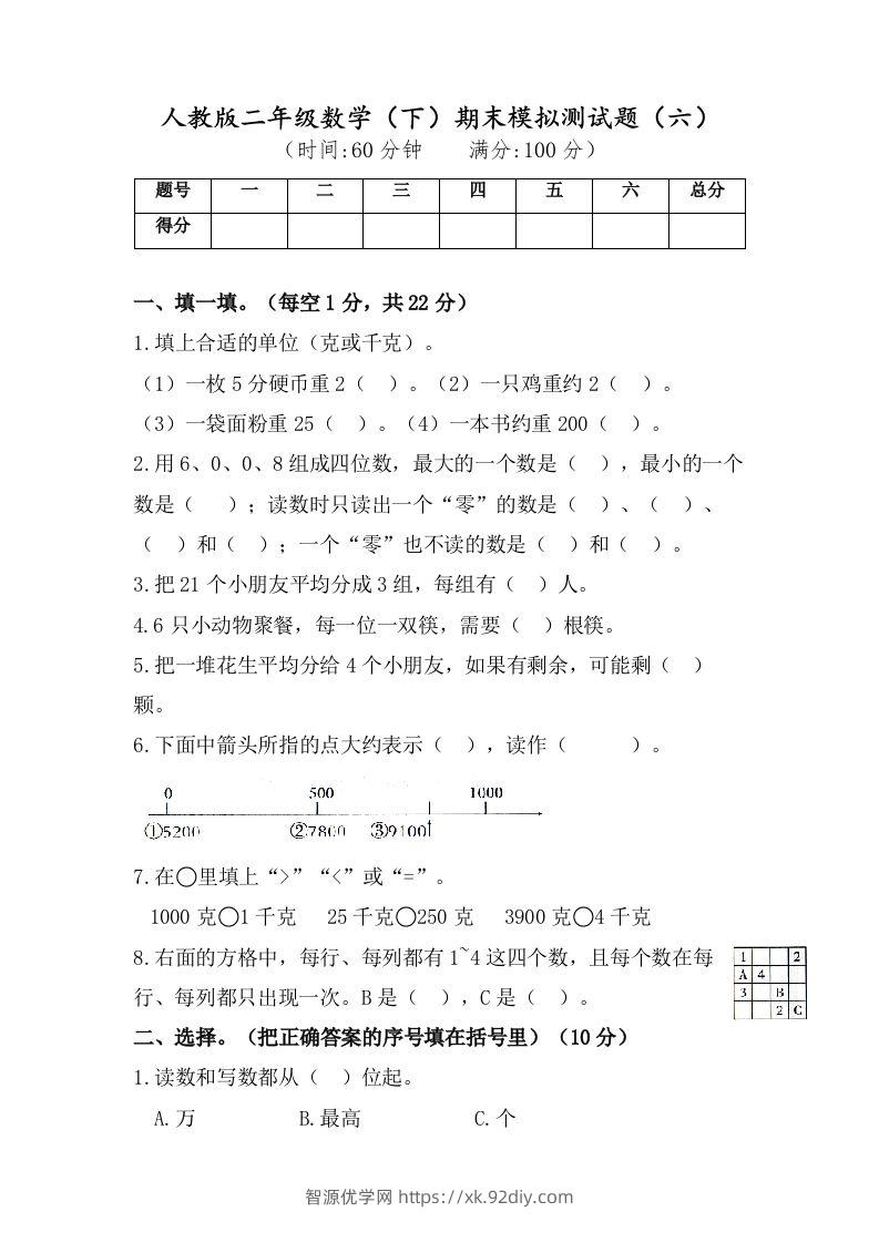 二年级数学下册试题-期末模拟测试题（六）人教版（含答案）-智源优学网
