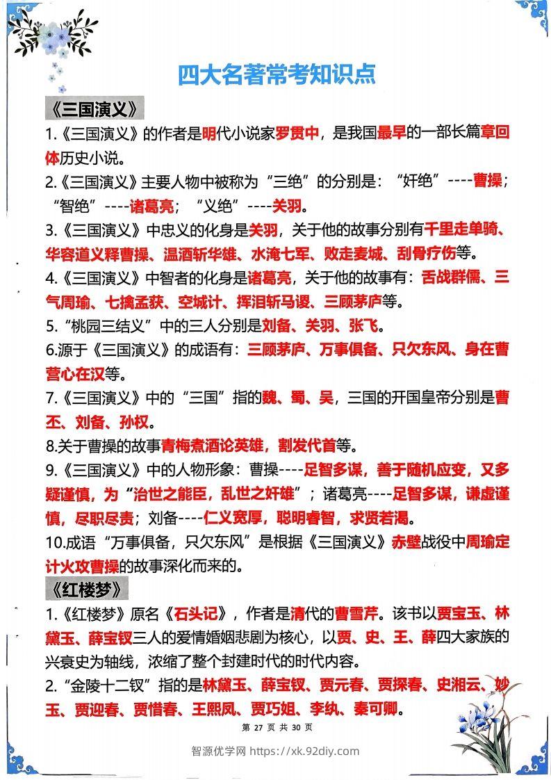 【四大名著】五年级下册语文四大名著常考知识点-智源优学网