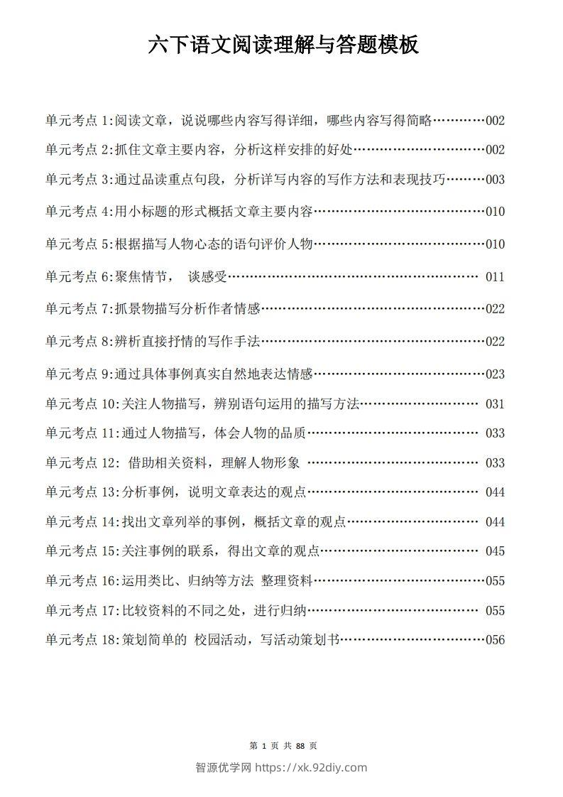 六下语文阅读理解与答题模板88页-智源优学网