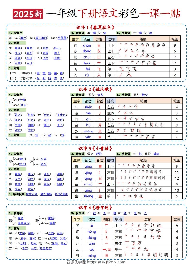 25春新一下语文彩色一课一贴高清（9页）-智源优学网