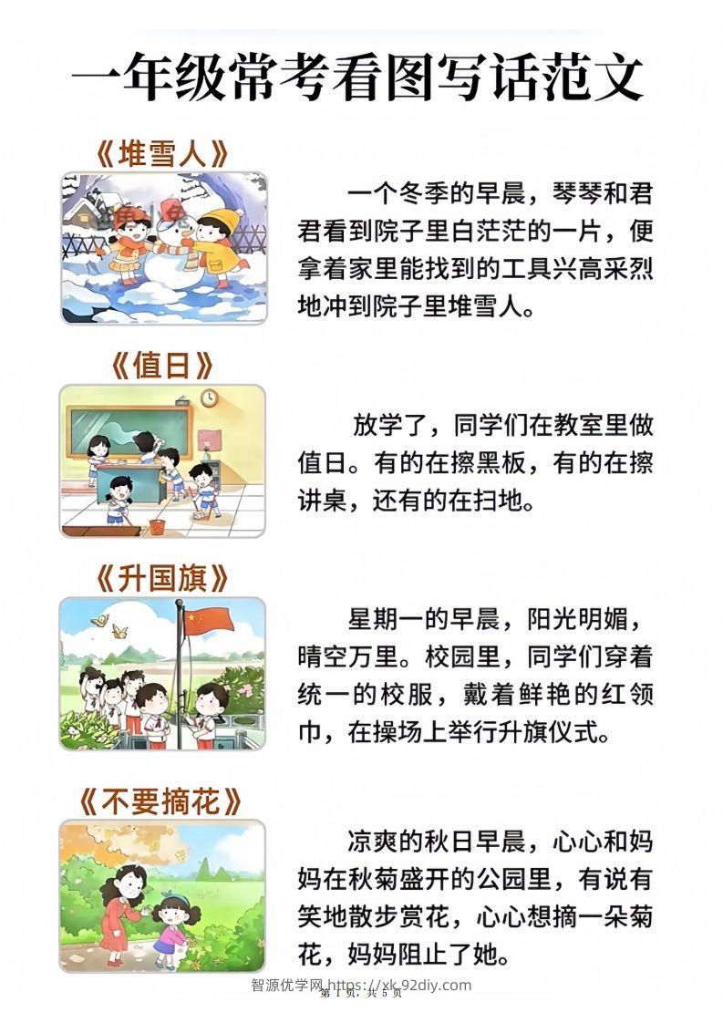 一年级语文常考看图写话范文20篇（5页）-智源优学网