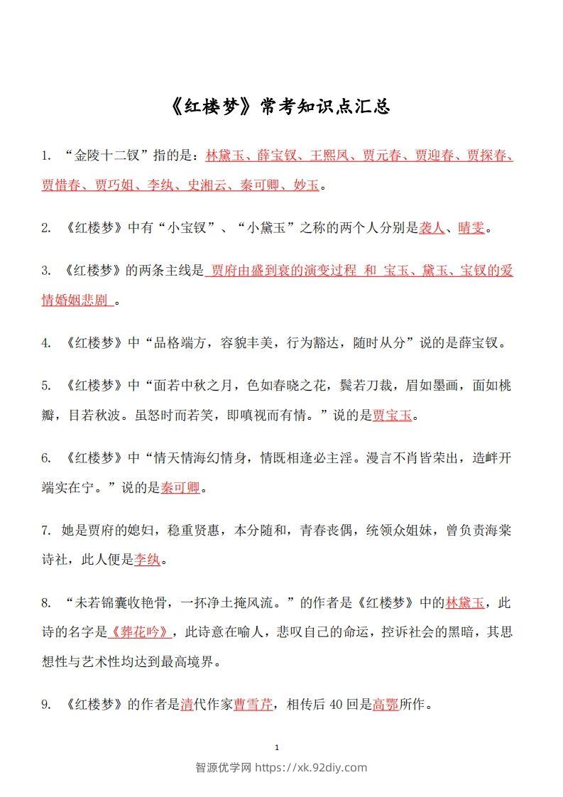 四大名著必考知识点《红楼梦》_知识点-智源优学网