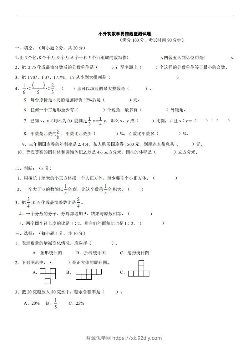 六（下）小升初名校数学（易错题型测试题）-智源优学网
