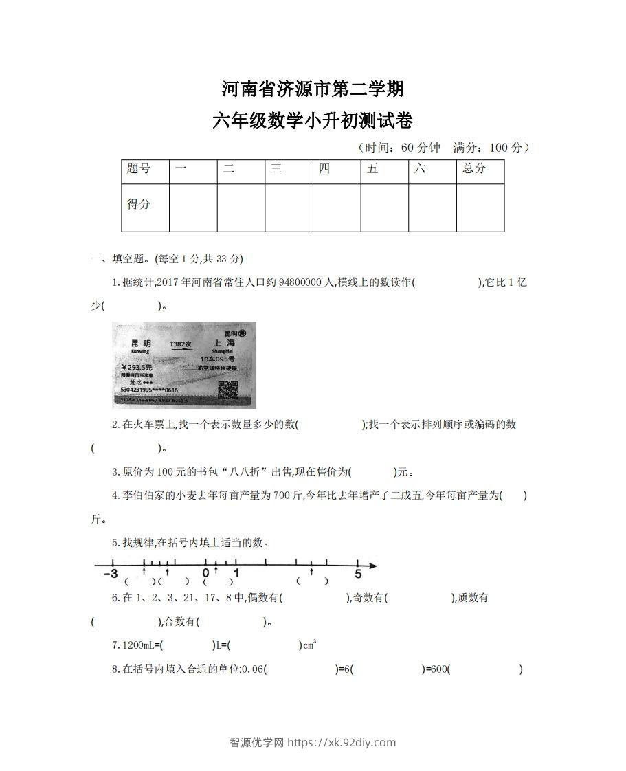 六（下）河南省数学小升初测试卷-智源优学网