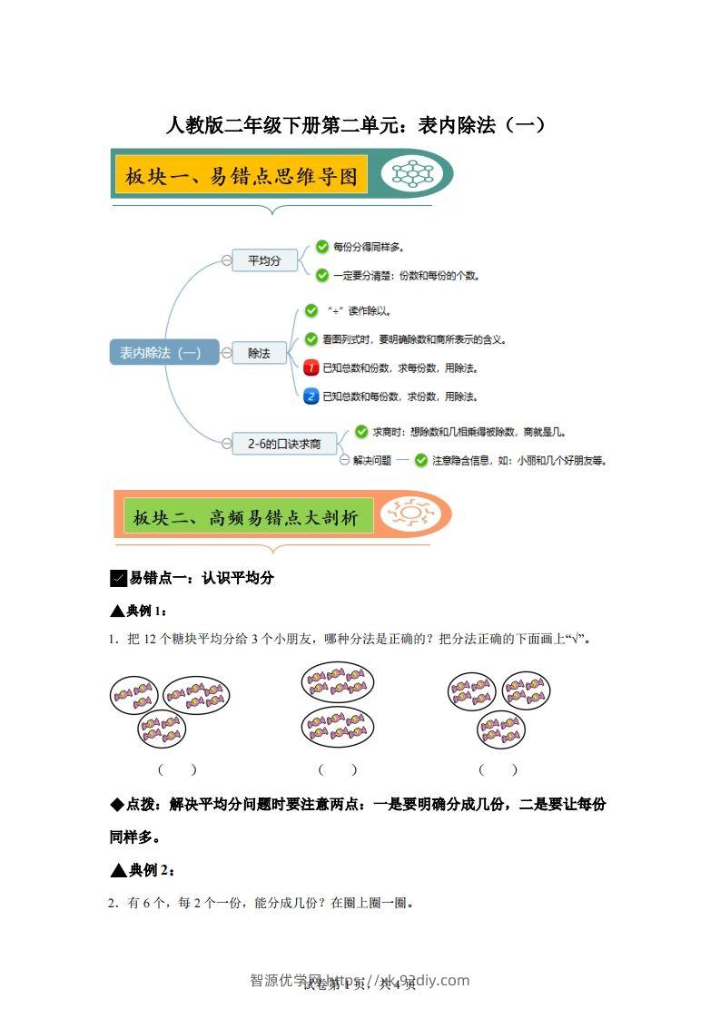 人教版数学二年级下册第二单元《表内除法（一）》易错点大全-智源优学网