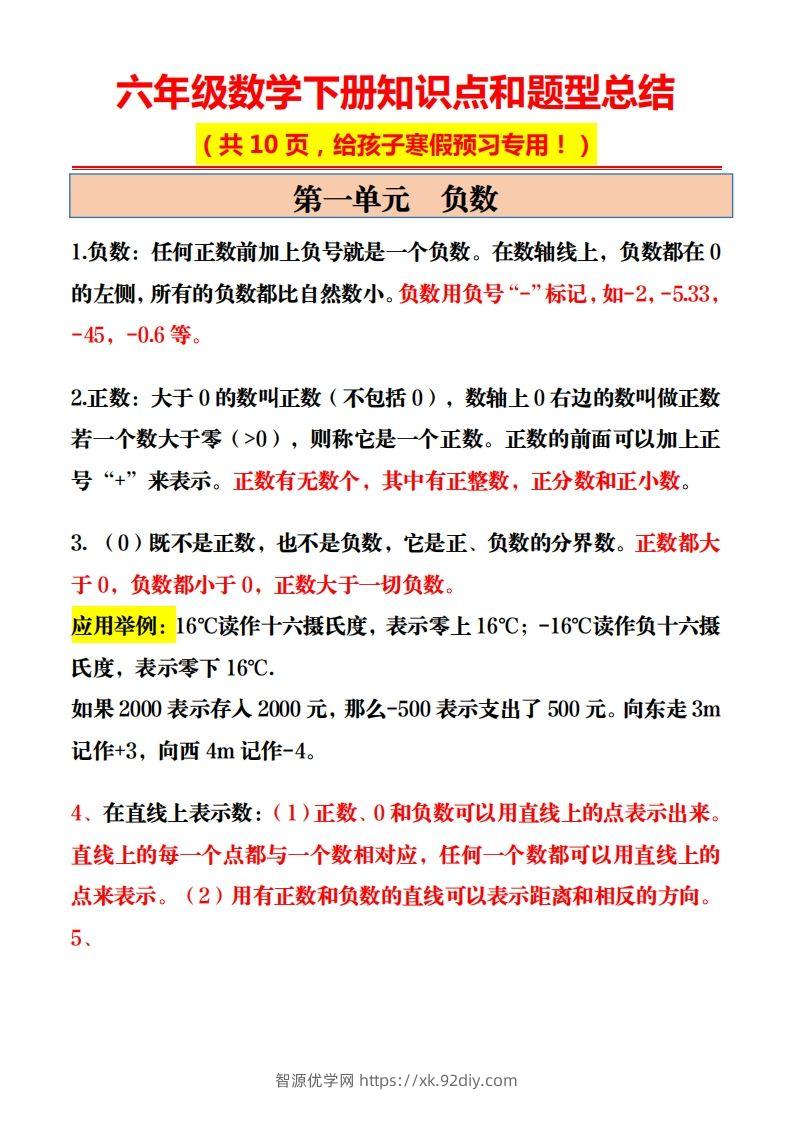 六年级数学下册知识点和题型总结10页-智源优学网