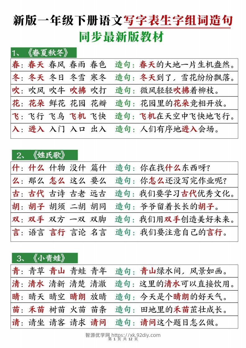 2472【25春新一下语文写字表生字组词造句12页-智源优学网