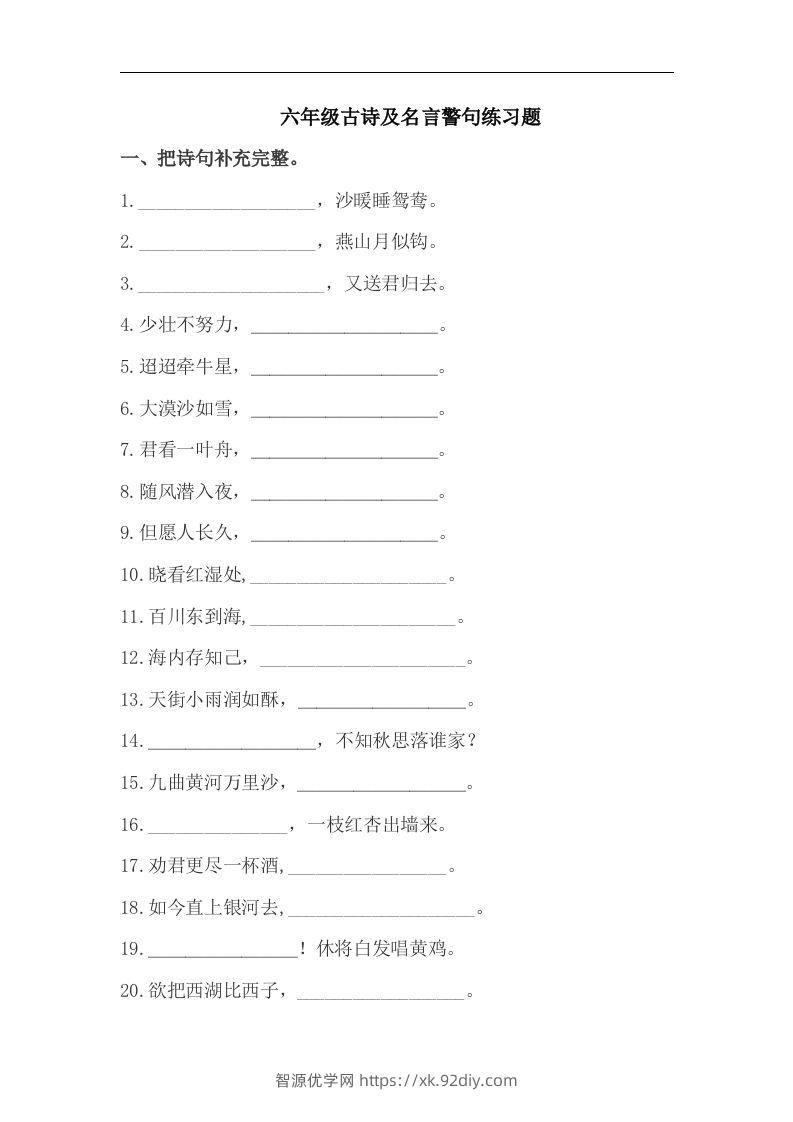 小升初语文古诗及名言警句练习题-智源优学网