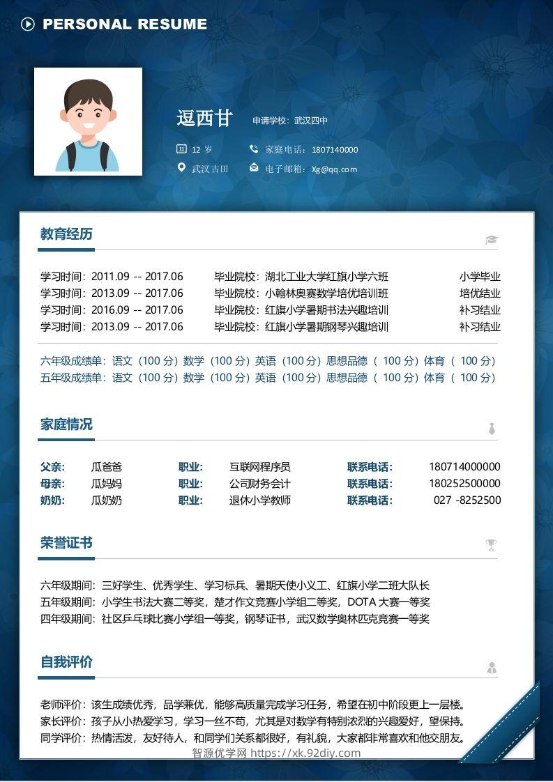 单页-小升初简历08-智源优学网