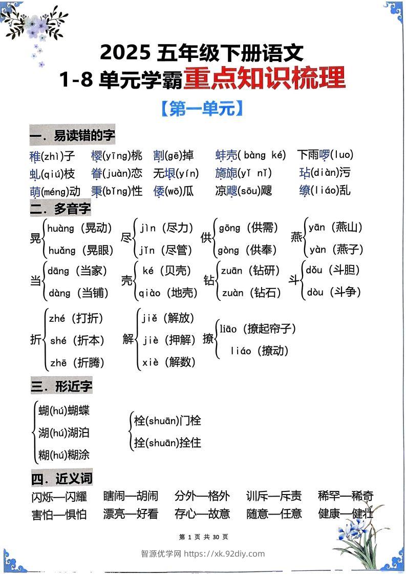 【知识点】五下语文1-8单元学霸重点知识梳理30页-智源优学网