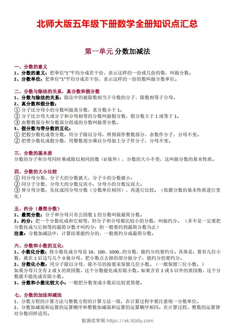 五下数学：北师大全册知识点汇总-智源优学网