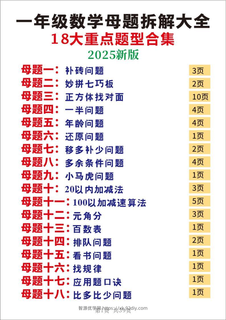 25一年级下册数学十八大母题重点题型39页-智源优学网