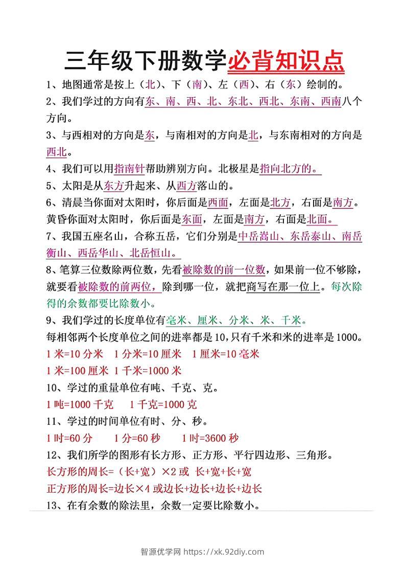 三下数学必背26个重点知识-智源优学网
