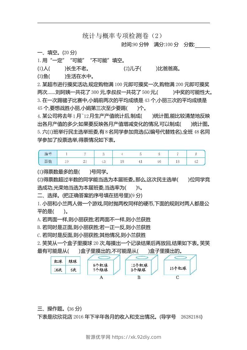六下青岛63版数学期末统计与概率专项检测卷（2）-智源优学网