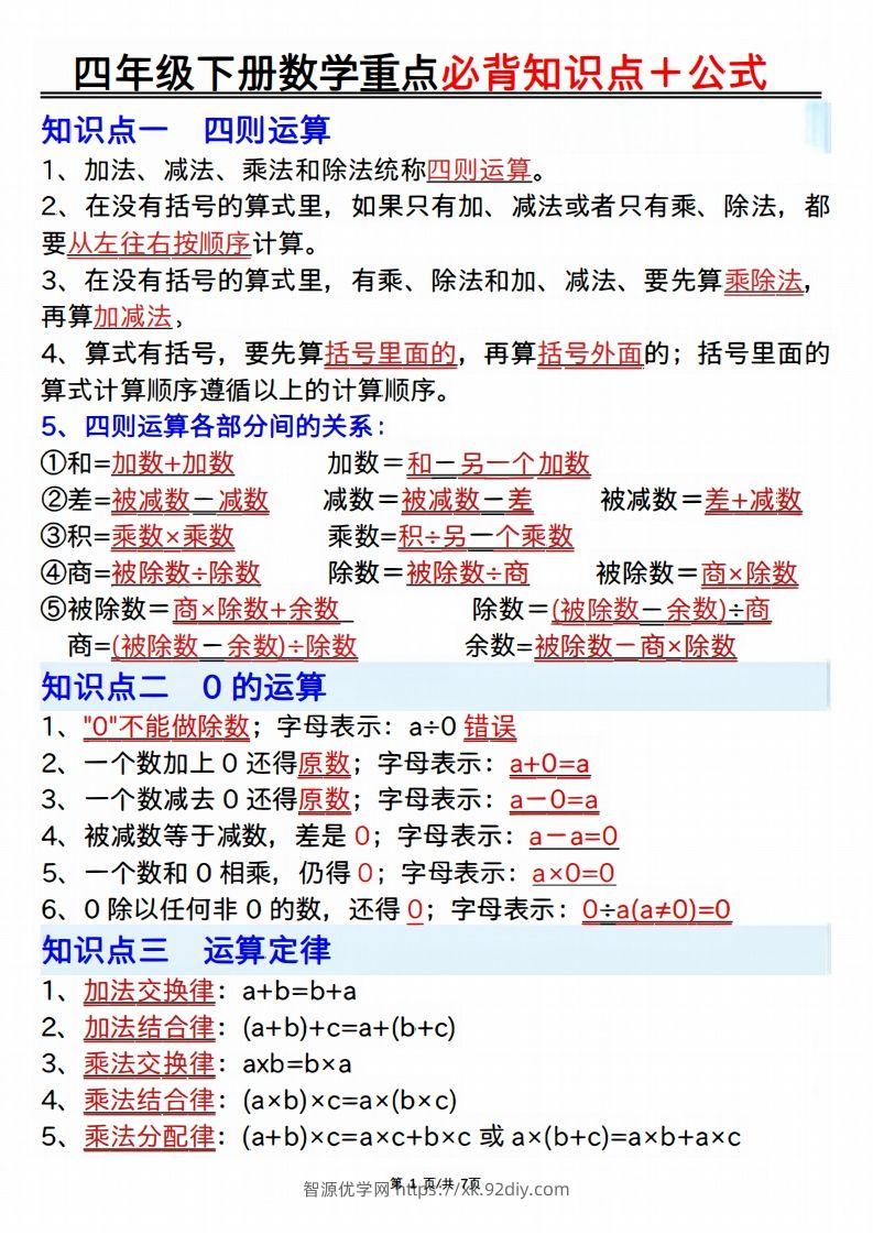 25年四年级下册数学重点必背知识点十公式-智源优学网