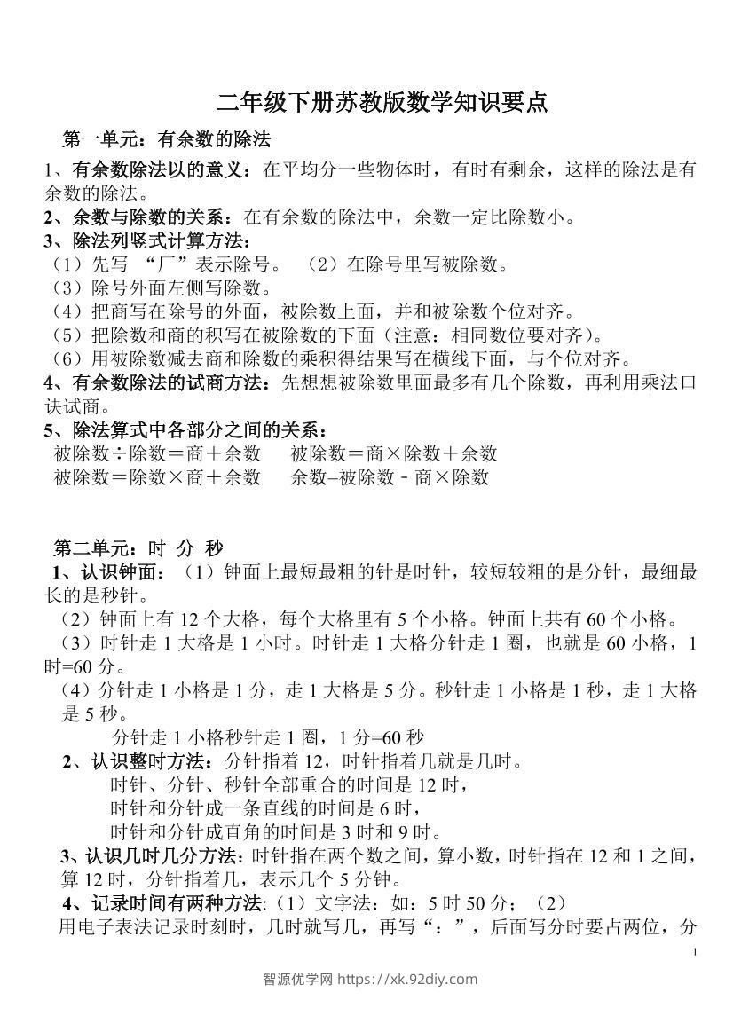 二下苏教版数学知识要点-智源优学网