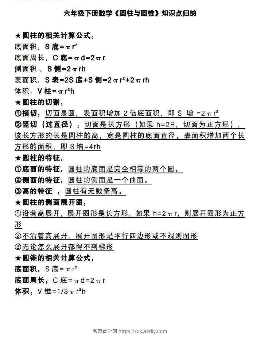 六下数学《圆柱与圆锥》知识点归纳-智源优学网