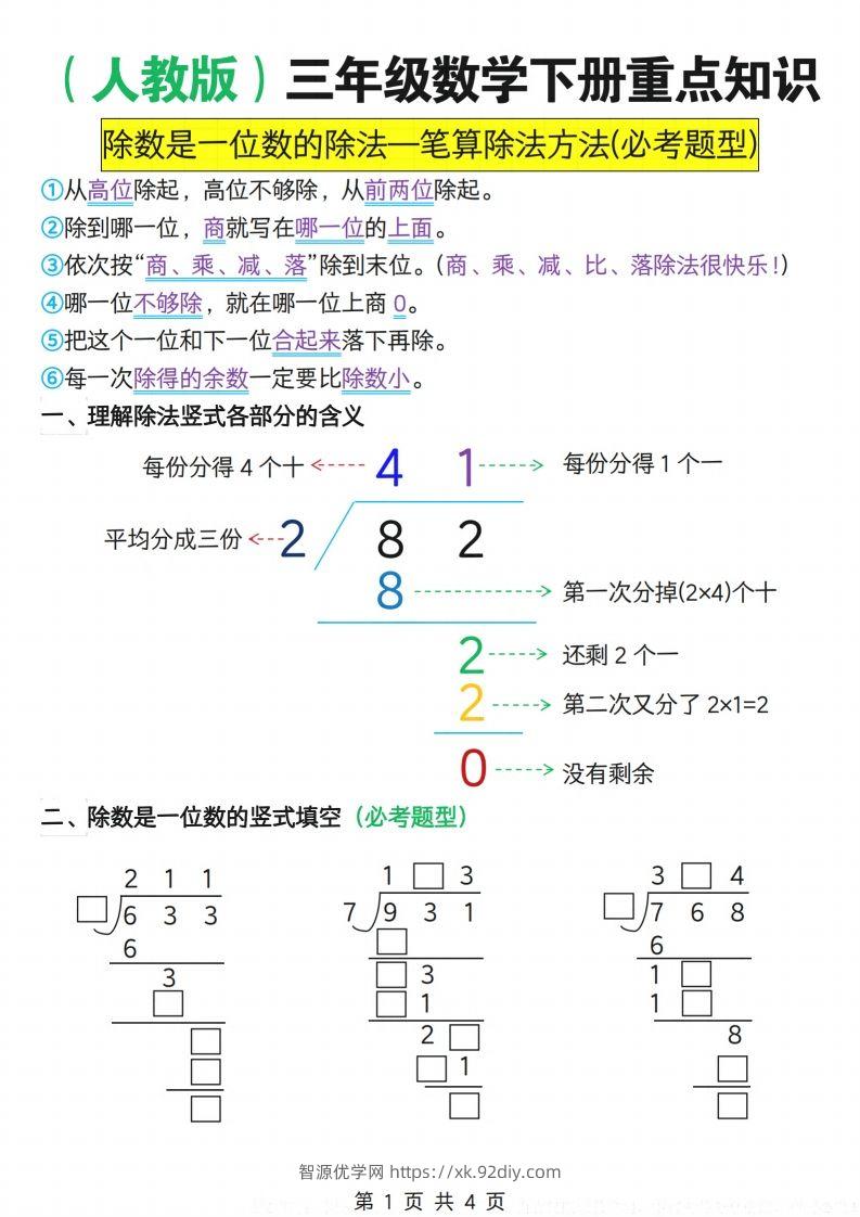 【专项】三下人教数学重点知识除数是一位数的除法—笔算除法方法(必考题型)-智源优学网