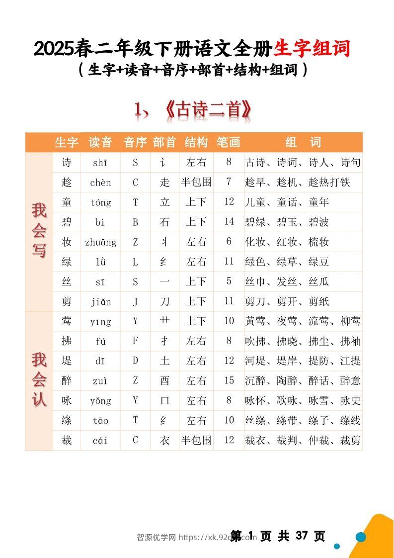 【2025春二下语文全册生字组词（生字拼音音序结构部首组词）37页一类字+二类字-智源优学网