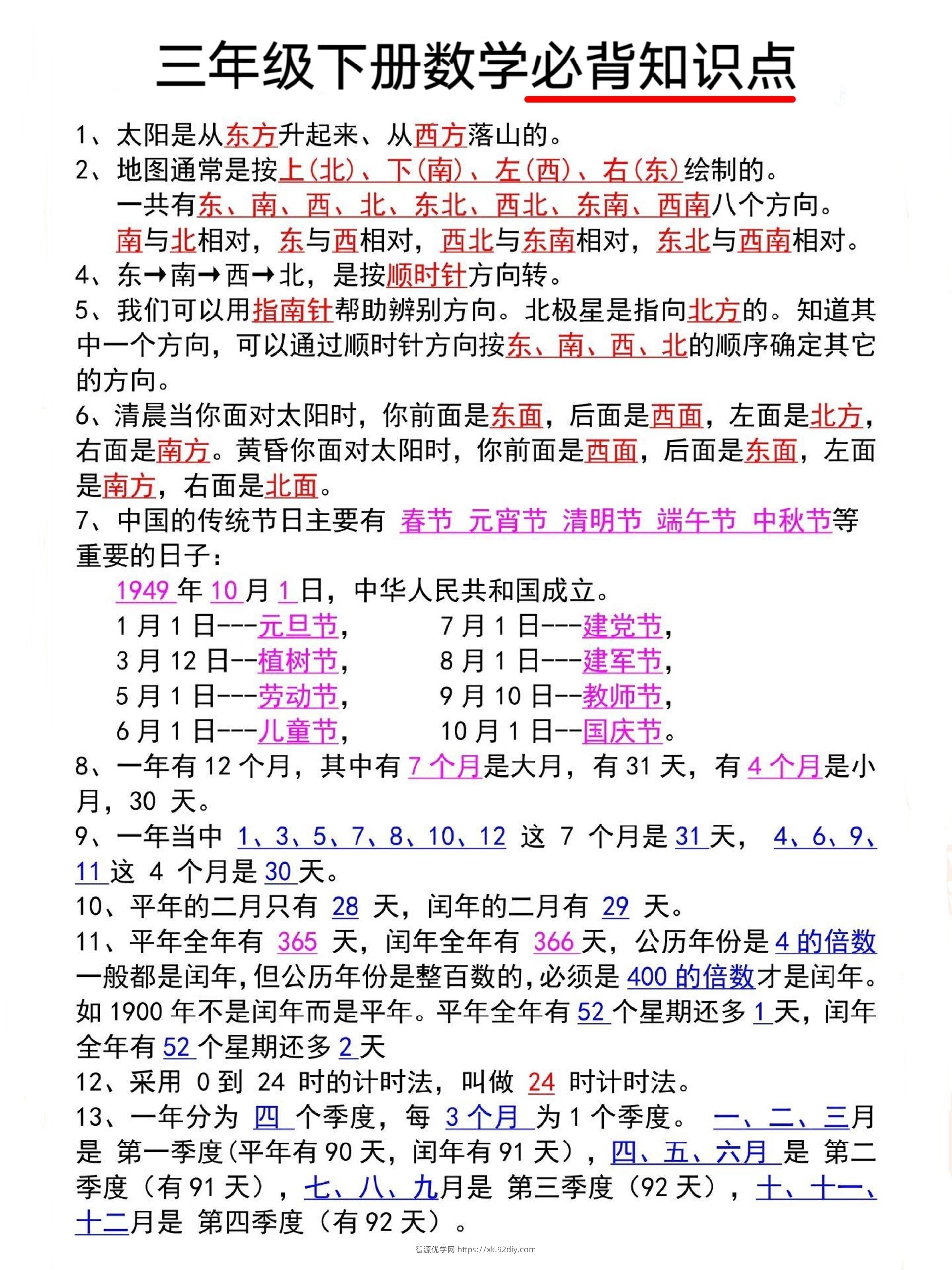 三年级下册数学必背知识点-智源优学网