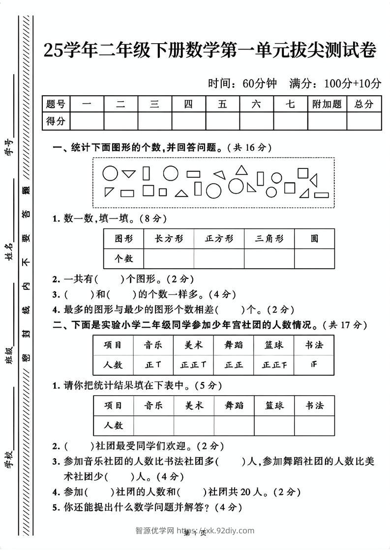 25二下数学第一单元拔尖测试卷1（含答案5页）人教-智源优学网