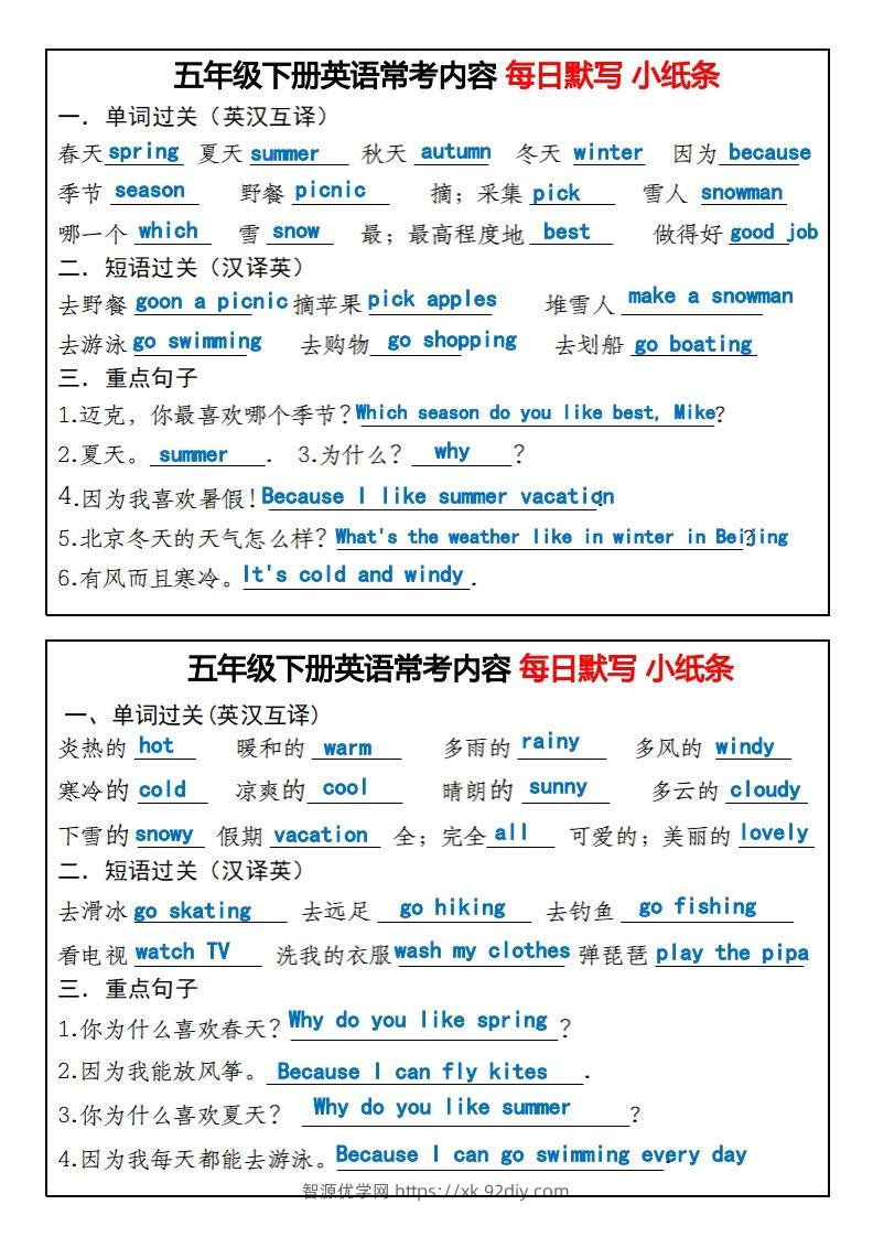 图片[2]-《英语常考内容每日默写小纸条》五下英语人教PEP-智源优学网