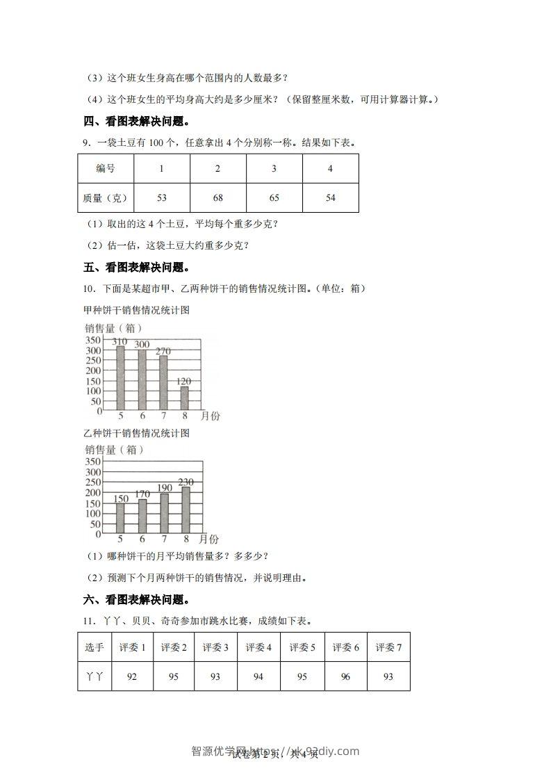 图片[2]-青岛版63数学四年级下册第八单元《平均数》综合能力检测卷-智源优学网