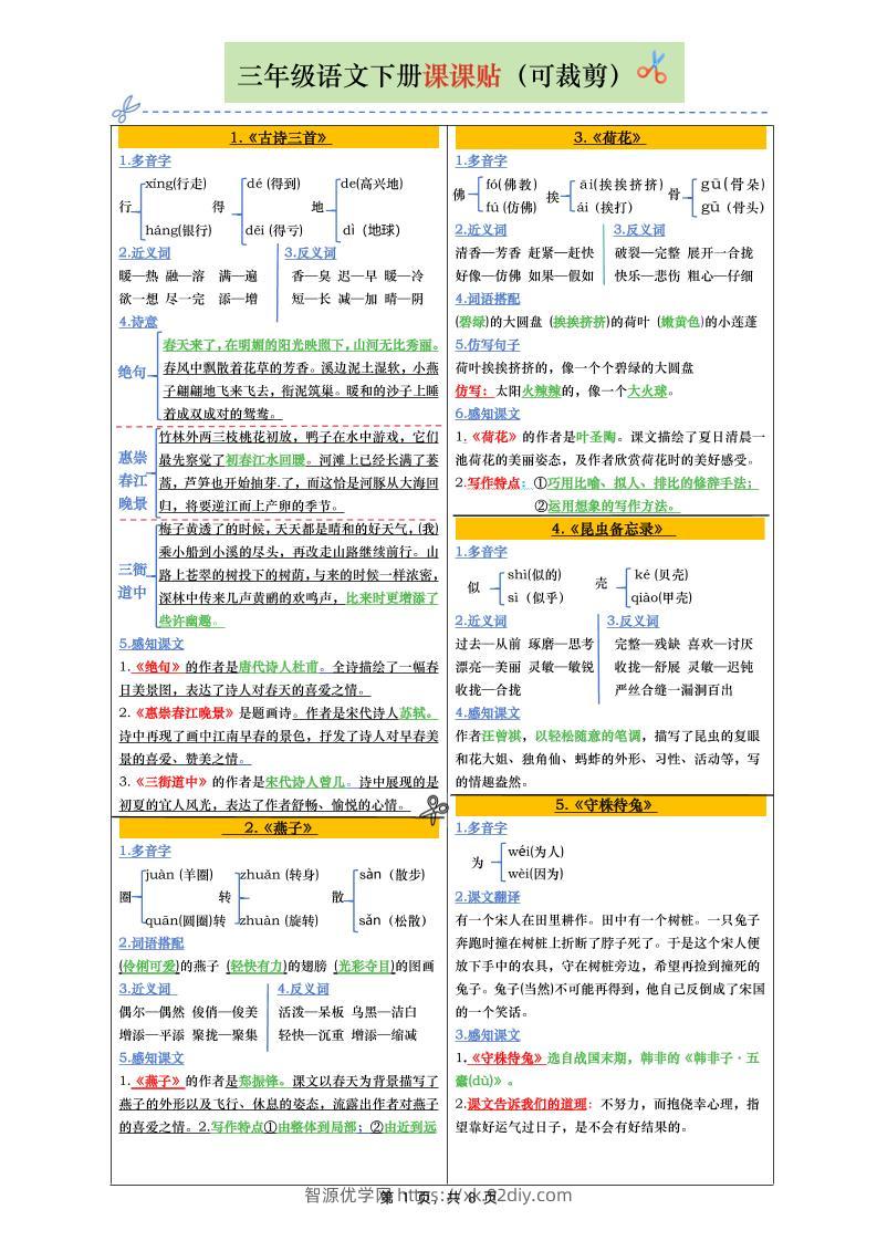 三下语文全册彩色版课课贴（1-28课）8页-智源优学网