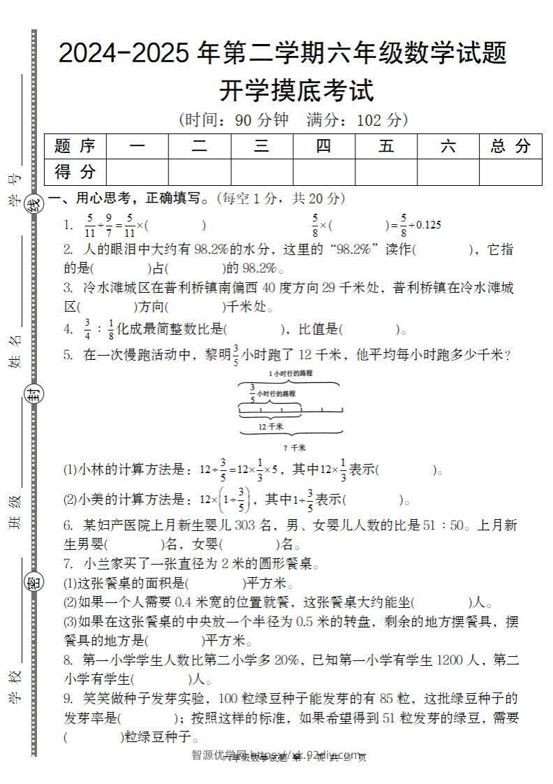 2024-2025年第二学期六下数学开学摸底试题人教-智源优学网