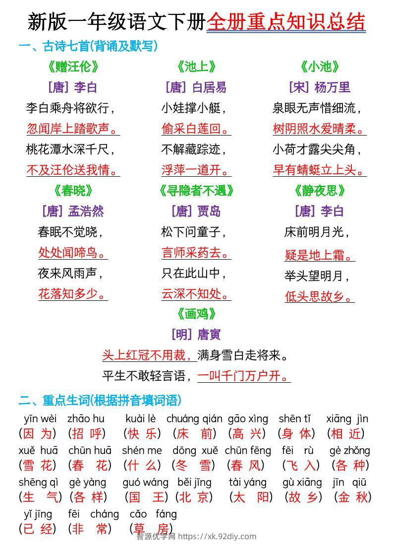 新版一年级语文下册全册重点知识总结-7页-智源优学网