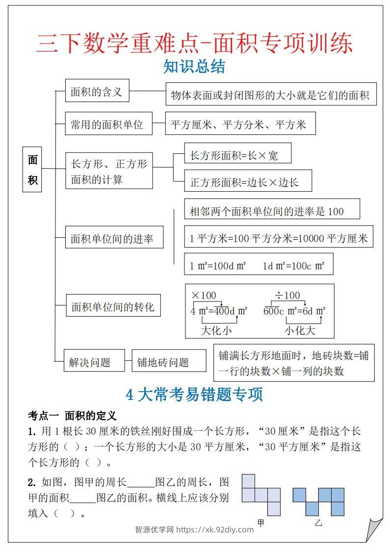 【重难点-面积专项训练】三下数学含答案5页-智源优学网
