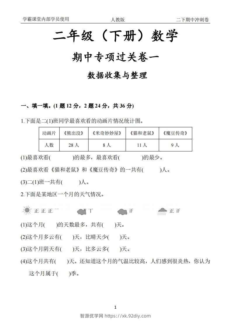 人教版二年级下册数学期中冲刺卷-智源优学网
