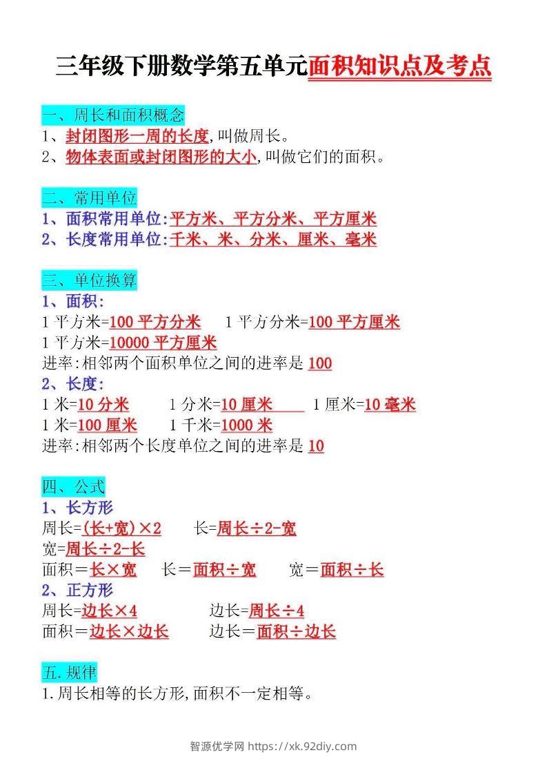 三下数学面积知识点与考点-智源优学网